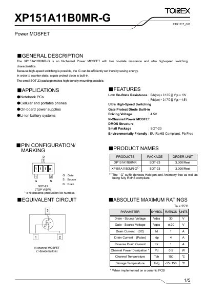 Torex XP151A11B0MR-G Power MOSFET Datasheet - cover page