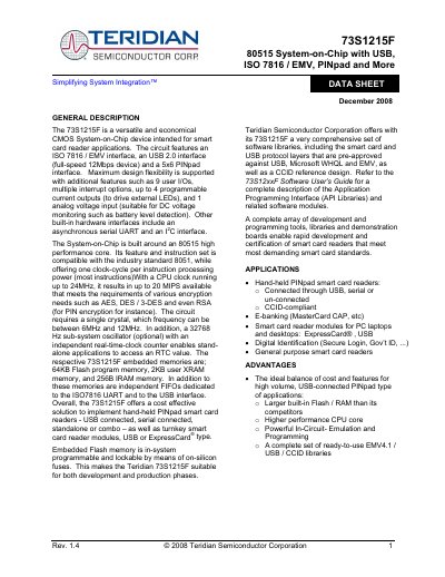 Teridian 73S1215F System-on-Chip Data Sheet - cover page