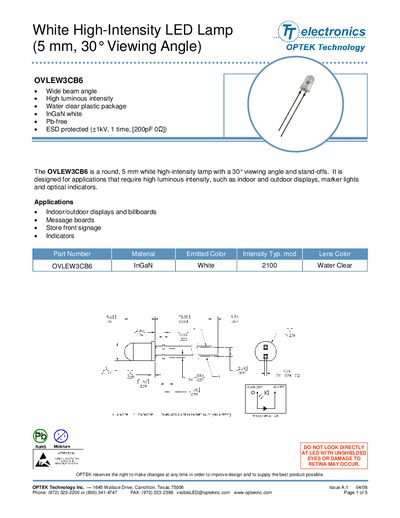 OPTEK OVLEW3CB6 White High-Intensity LED Lamp Datasheet - cover page