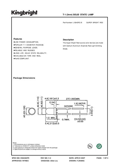KINGBRIGHT - L-934SRC-B SUPER BRIGHT REDT-1 (3mm) SOLID STATE LAMP Manual - cover page
