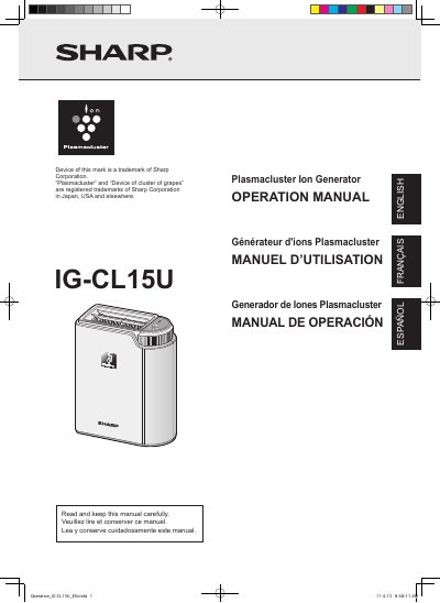 SHARP air purifier IG-CL15UW Operation Manual - cover page