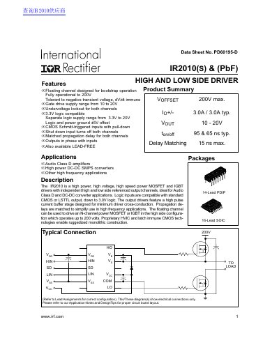 International Rectifier IR2010(S) & (PbF) High and Low Side Driver Datasheet - cover page