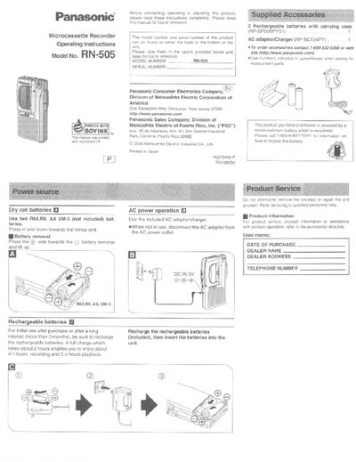 Panasonic RN-505 Microcassette Recorder User Manual - cover page