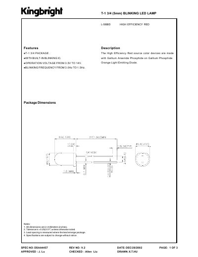 KINGBRIGHT -L-56BID HIGH EFFICIENCY RED T-1 3/4 (5mm) BLINKING LED LAMP Manual - cover page