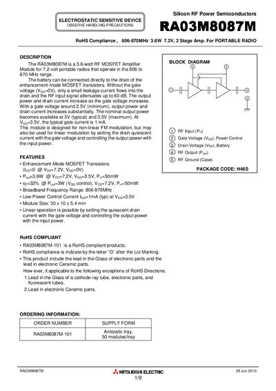 Mitsubishi Electric RA03M8087M Datasheet - cover page