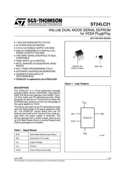 SGS-THOMSON ST24LC21 1Kb (x8) DUAL MODE SERIAL EEPROM for VESA Plug Play Data Sheet - cover page