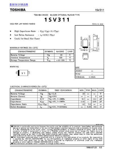 Toshiba 1SV311 Silicon Epitaxial Planar Type Datasheet - cover page