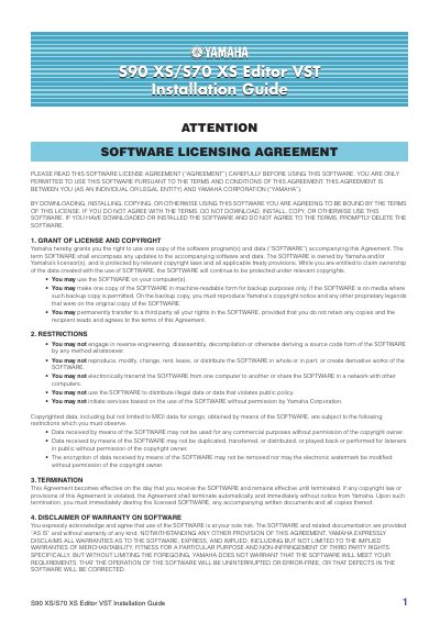 Yamaha S90 XS/S70 XS Editor VST Installation Guide - cover page