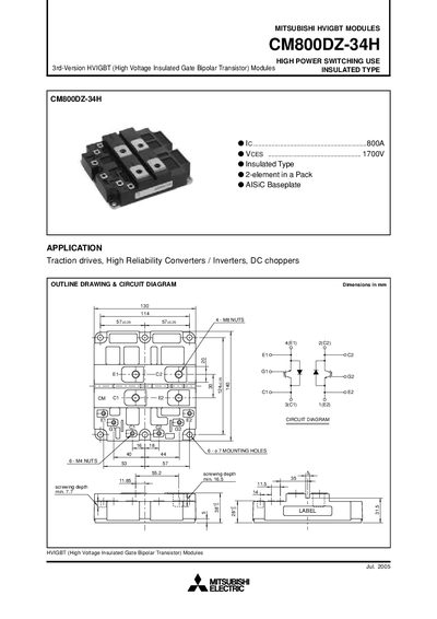 Mitsubishi CM800DZ-34H HVIGBT Module Datasheet - cover page
