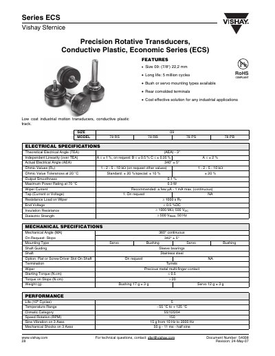 Vishay Sfernice ECS Series Precision Rotative Transducers Datasheet - cover page