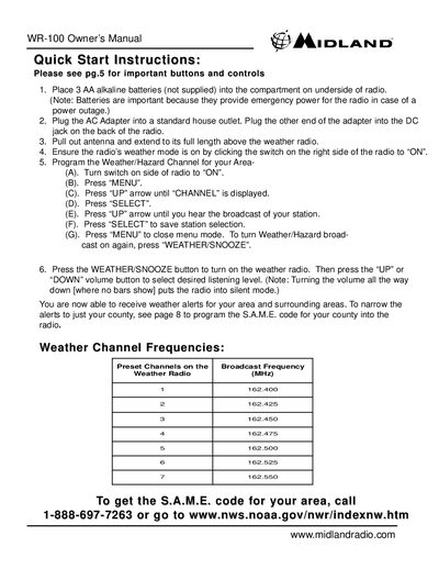 Midland WR-100 Weather Radio Owner's Manual - cover page