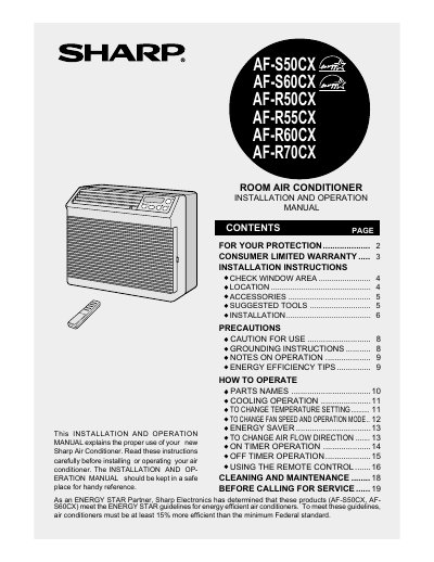 Sharp AF-R70CX/AF-R60CX/AF-R50CX Room Air Conditioner Installation and Operation Manual - cover page