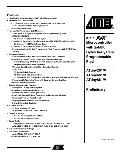 ATMEL -8-bit Microcontroller with 2/4/8K Bytes In-System Programmable Flash ATtiny261/V ATtiny461/V ATtiny861/V handbook - cover page