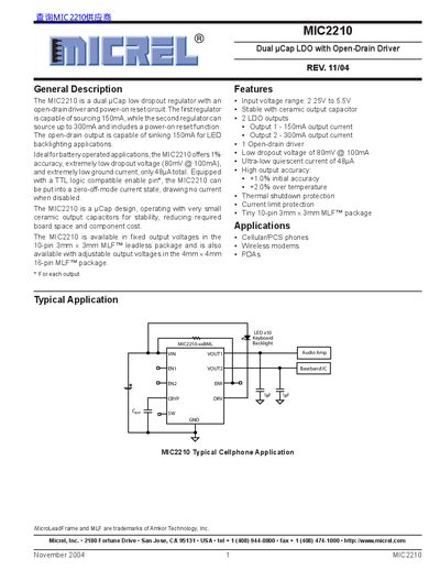 Micrel MIC2210 Dual Cap LDO with Open-Drain Driver Datasheet - cover page