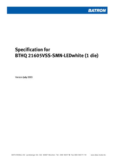 BATRON Specification for Version July 2003 BTHQ 21605VSS-SMN-LEDwhite (1 die) Manual - cover page