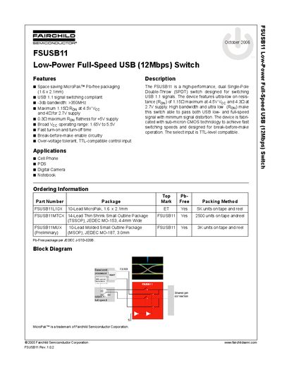 FAIRCHILD FSUSB11 Low-Power Full-Speed USB (12Mbps) Switch handbook - cover page