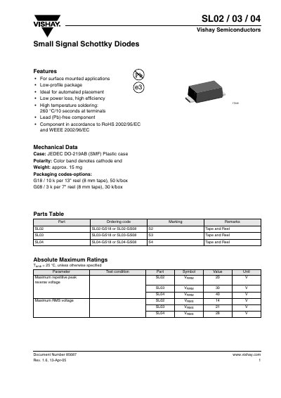 Vishay SL02/03/04 Small Signal Schottky Diodes Datasheet - cover page