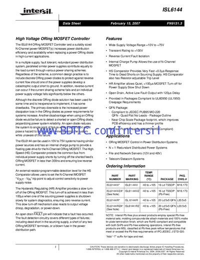 Intersil ISL6144 High Voltage ORing MOSFET Controller Datasheet - cover page