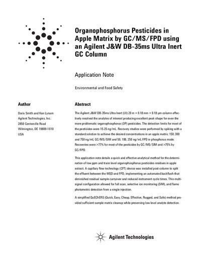 Agilent J&W DB-35ms Ultra Inert GC Column Application Note for Organophosphorus Pesticides in Apple Matrix - cover page
