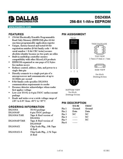 Dallas Semiconductor DS2430A 256‑Bit 1‑Wire EEPROM Datasheet - cover page