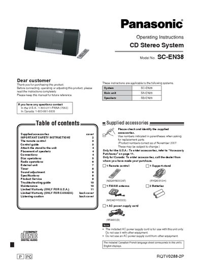 Panasonic SC-EN38 CD Stereo System Operating Instructions - cover page
