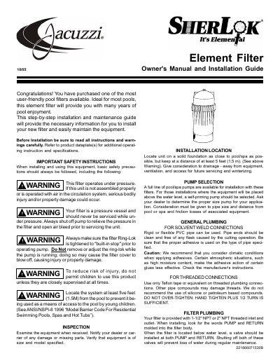 Acuzzi Sherlok Element Filter Owner's Manual and Installation Guide - cover page