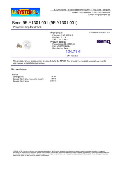 LASYSTEMS Benq 9E.Y1301.001 (9E.Y1301.001) Projector Lamp for MP522 - cover page