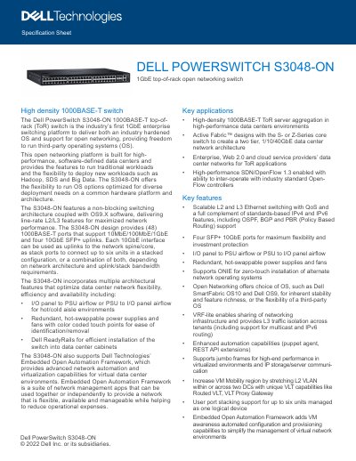 Dell PowerSwitch S3048-ON Specification Sheet - cover page