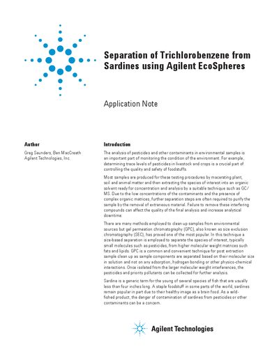 Agilent EcoSpheres Application Note: Separation of Trichlorobenzene from Sardines - cover page