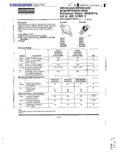 Fairchild IRF430-433 / IRF830-833 N-Channel Power MOSFET Datasheet - cover page
