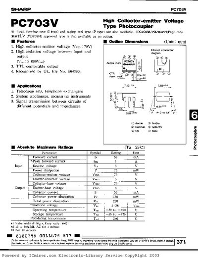 SHARP PC703V Type Photocoupler Datasheet - cover page