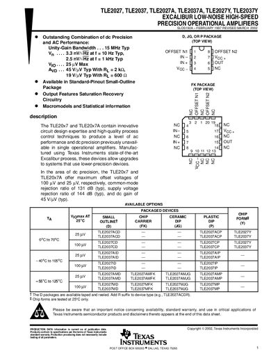 TEXAS INSTRUMENTS TLE2027 TLE2037 TLE2027A TLE2037A TLE2027Y TLE2037Y handbook - cover page