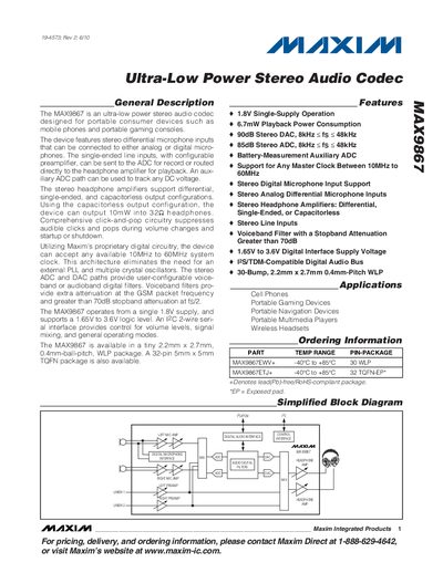 Maxim MAX9867 Ultra-Low Power Stereo Audio Codec Datasheet - cover page