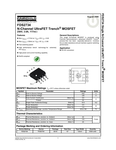 Fairchild FDS2734 N-Channel MOSFET Datasheet - cover page