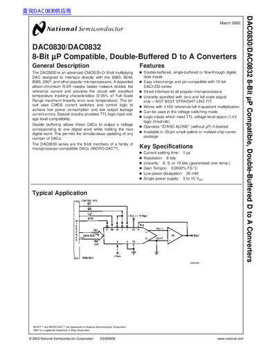 National Semiconductor DAC0830/DAC0832 8-Bit D to A Converters Datasheet - cover page
