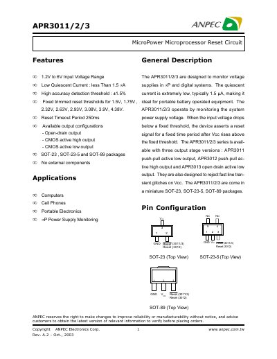 ANPEC APR3011/2/3 Microprocessor Reset Circuit Manual - cover page