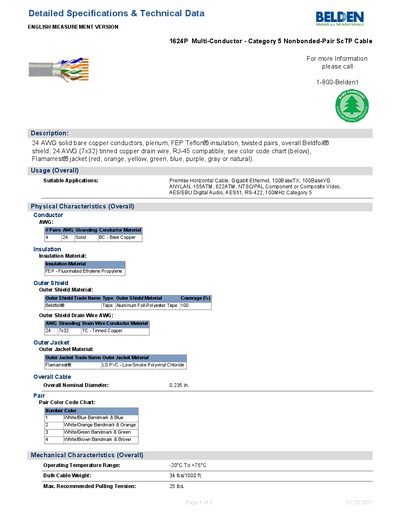 Belden 1624P Multi-Conductor Category 5 Nonbonded-Pair ScTP Cable Manual - cover page