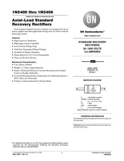 ON Semiconductor 1N5400‑1N5408 Axial‑Lead Standard Recovery Rectifiers Datasheet - cover page