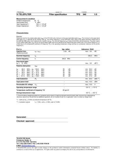 Telefilter TFS340 Filter Specification - cover page