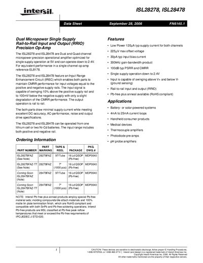 Intersil ISL28278 / ISL28478 Dual Micropower Precision Op-Amp Datasheet - cover page