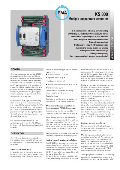 PMA KS 800 Microprocessor-Controlled Multi-Loop Temperature Controller Data Sheet - cover page