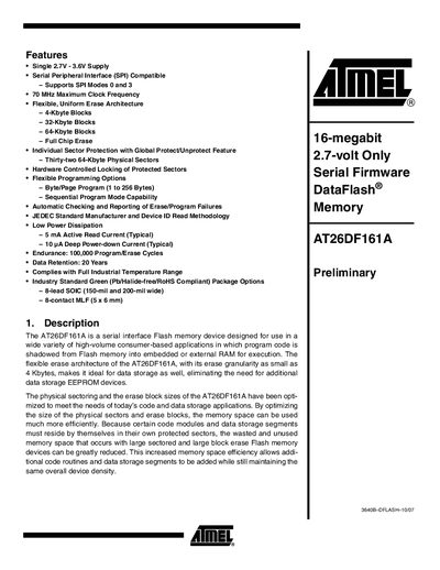Atmel AT26DF161A DataFlash Memory Datasheet - cover page