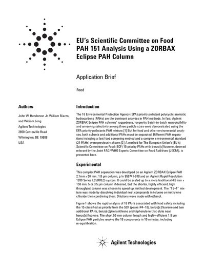 Agilent EU s Scientific Committee on Food PAH 151 Analysis Using a ZORBAX Eclipse PAH Column - cover page