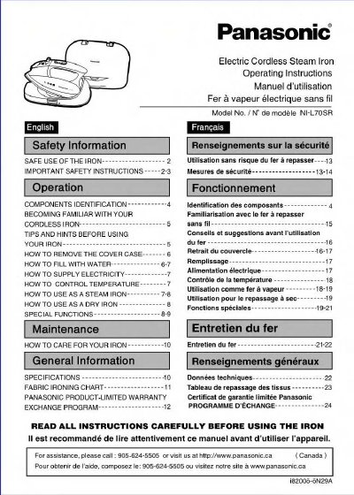 Panasonic NI-L70SR Cordless Steam Iron Operating Instructions
