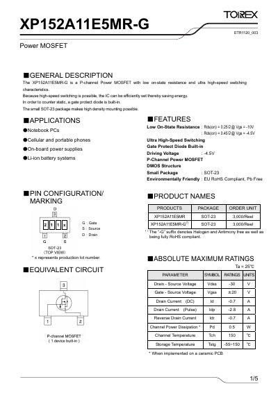 Torex XP152A11E5MR-G P-Channel Power MOSFET Datasheet - cover page