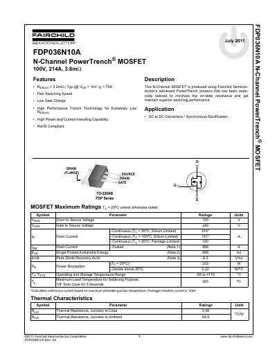 Fairchild FDP036N10A N-Channel PowerTrench MOSFET Datasheet - cover page