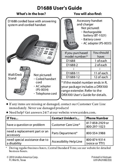 Uniden D1688 Cordless Telephone User's Guide - cover page