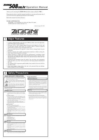 ZOOM 508 Delay Unit Operation Manual - cover page