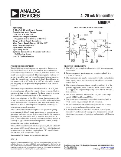 Analog Devices AD694 4-20 mA Current Transmitter Manual - cover page