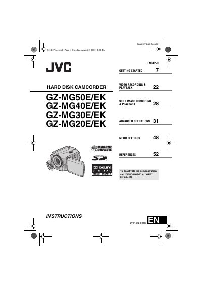 JVC GZ-MG50E/EK GZ-MG40E/EK GZ-MG30E/EK GZ-MG20E/EK Hard Disk Camcorder User Manual - cover page